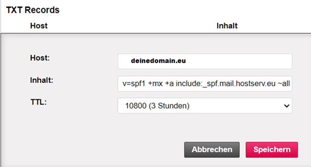 Beispiel TXT Record. Hier ein SPF Record welcher auf den Mailserver verweisst.