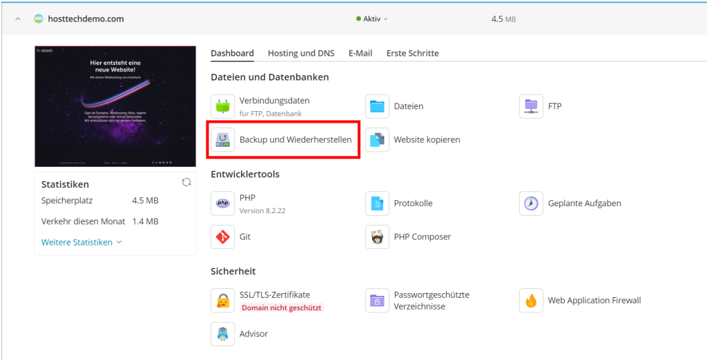 Backup erstellen im Plesk. Wähle auf dem Dashboard Backup und Wiederherstellen.