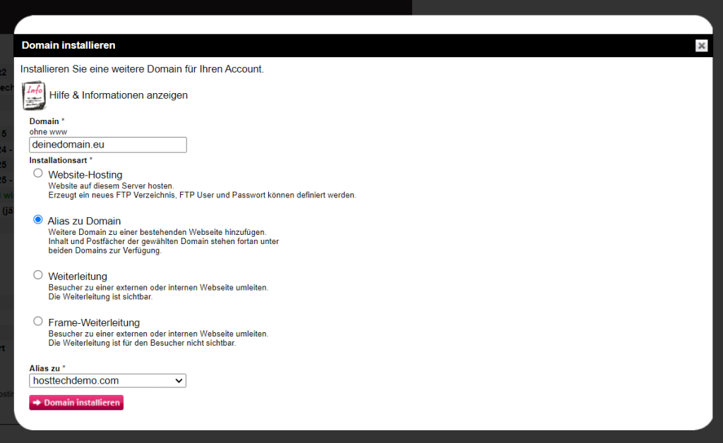 Domain im Hosting als Alias Domain installieren. Somit kann die Domain auch als Absender für E-Mails verwendet werden.
