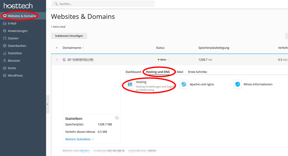 Logge dich in dein Plesk ein und wähle bei der betroffenen Domain Hosting und DNS und dann Hosting.