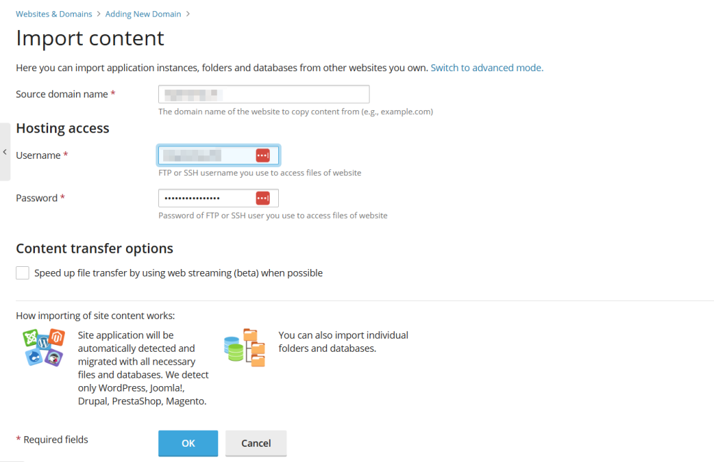 Import content. Angaben zur Domain eingeben. FTP Daten benötigt.